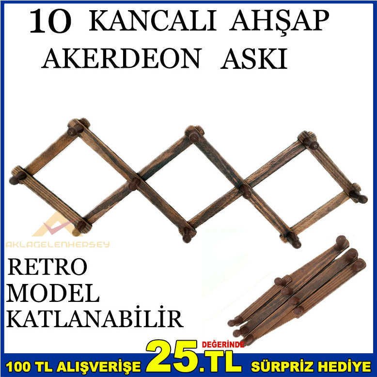 ANTİK GÖRÜNÜMLÜ KATLANABİLİR 10 KANCALI AHŞAP AKORDEON ASKI RETRO MODEL KAPI ARKASI-DUVAR ASKISI