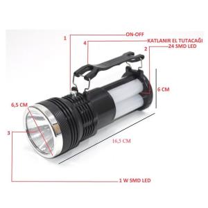 Güneş Enerjisiyle Şarj Edilebilen 3 Fonksiyonlu Led Işıldak Fener Şarjlı Solar El Kamp Feneri