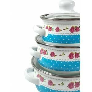 Cam Kapaklı Emaye Tencere Seti 3'lü Set Mavi Desenli Mini Emaye Tencere