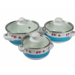 Cam Kapaklı Emaye Tencere Seti 3'lü Set Mavi Desenli Mini Emaye Tencere