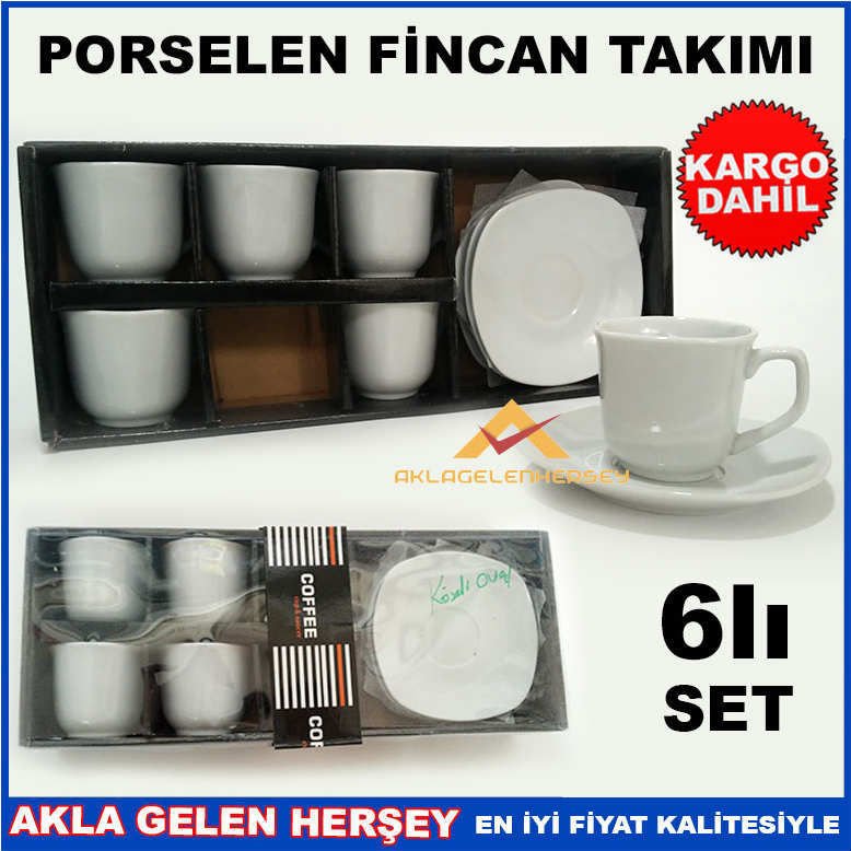 KENDİNDEN DESENLİ DÜZ BEYAZ PORSELEN KAHVE FİNCAN TAKIMI KÖŞELİ OVAL ÜCRETSİZ KARGO