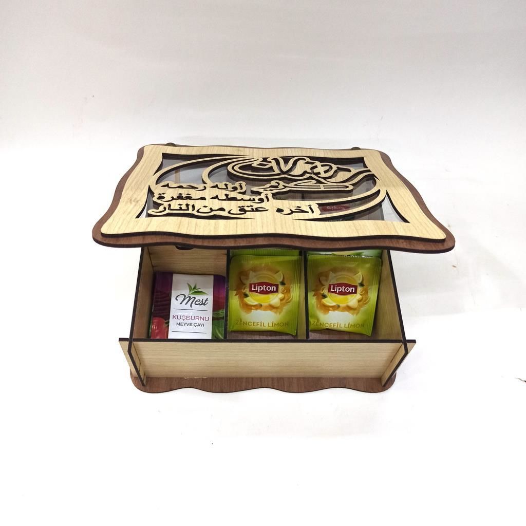 Bölmeli İşlemeli Ahşap Poşet Çay, Nescafe, Kahve Kutusu 22,5*20 cm Dikdörrtgen