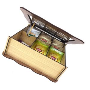 Bölmeli İşlemeli Ahşap Poşet Çay, Nescafe, Kahve Kutusu 22,5*20 cm Dikdörrtgen