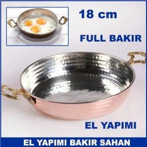 Çekiç dövme el yapımı bakır sahan 18 cm içi kalaylı çift kulplu omlet sağanı bakır yumurta tavası
