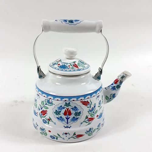 Lale dekorlu 2.5L emaye çaydanlık üstten tutmalı çaydanlık