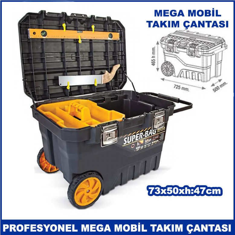 Tekerlekli, Çekçekli,Metal Kilitli Profesyonel Mega Mobil Takım Çantası 73x50xh:47cm