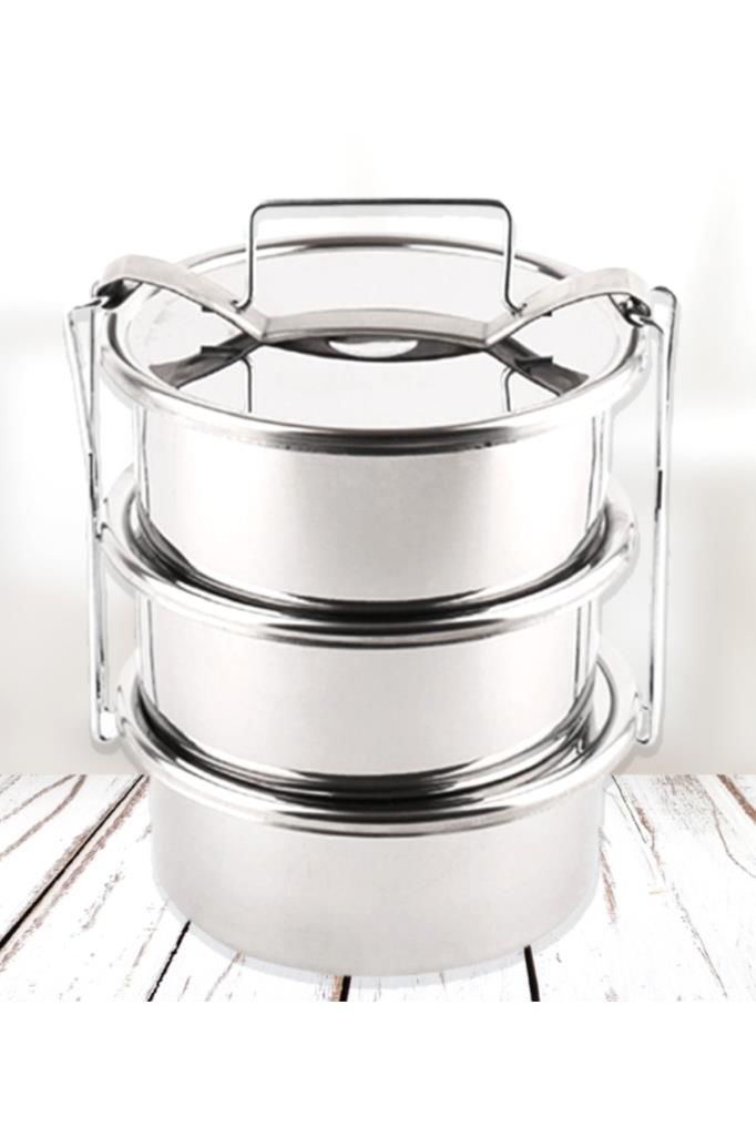 Paslanmaz Çelik 15x6cm 3 Kaplı Isıtılabilir Sefer Tası 3-4 Kişilik Yemek Taşıma Kabı 2.2 LT 750ml X3