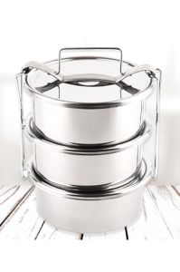 Paslanmaz Çelik 15x6cm 3 Kaplı Isıtılabilir Sefer Tası 3-4 Kişilik Yemek Taşıma Kabı 2.2 LT 750ml X3