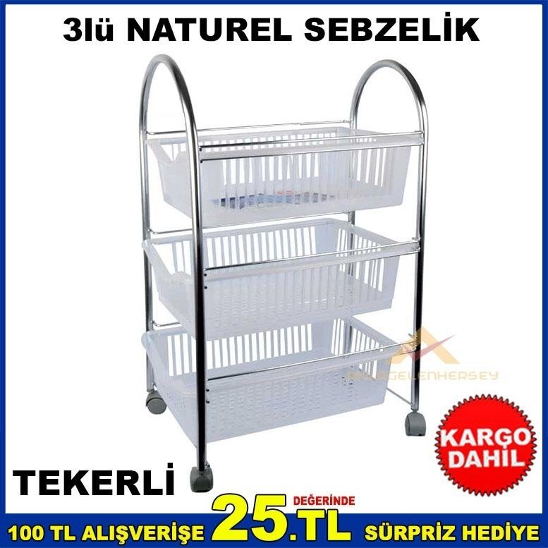 3 KATLI KROM SEBZELİK NATUREL MODEL TEKERLİ METAL MUTFAK RAFI