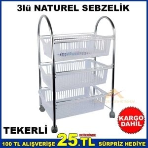 3 KATLI KROM SEBZELİK NATUREL MODEL TEKERLİ METAL MUTFAK RAFI