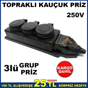 3lü GRUP PRİZ TOPRAKLI KAPAKLI SERİ KAUÇUK PRİZ
