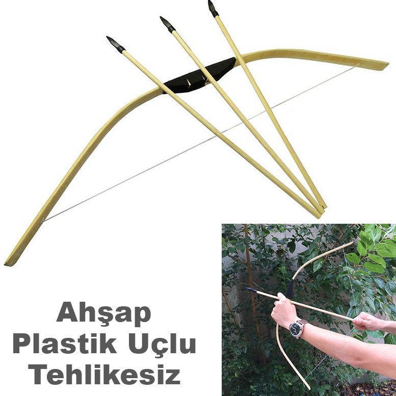  60cm Ahşap Oyuncak Ok-Yay Seti Güvenli Plastik Ok Uçlu Sadaklı 3 Adet Ok ve Yay