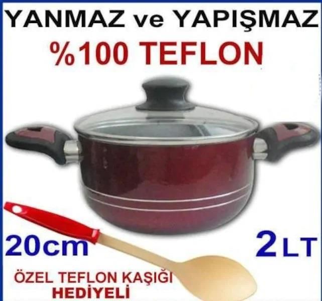 Teflon Kaşığı Hediyeli 20cm Camkapaklı Yanmaz Yapışmaz Teflon Tencere