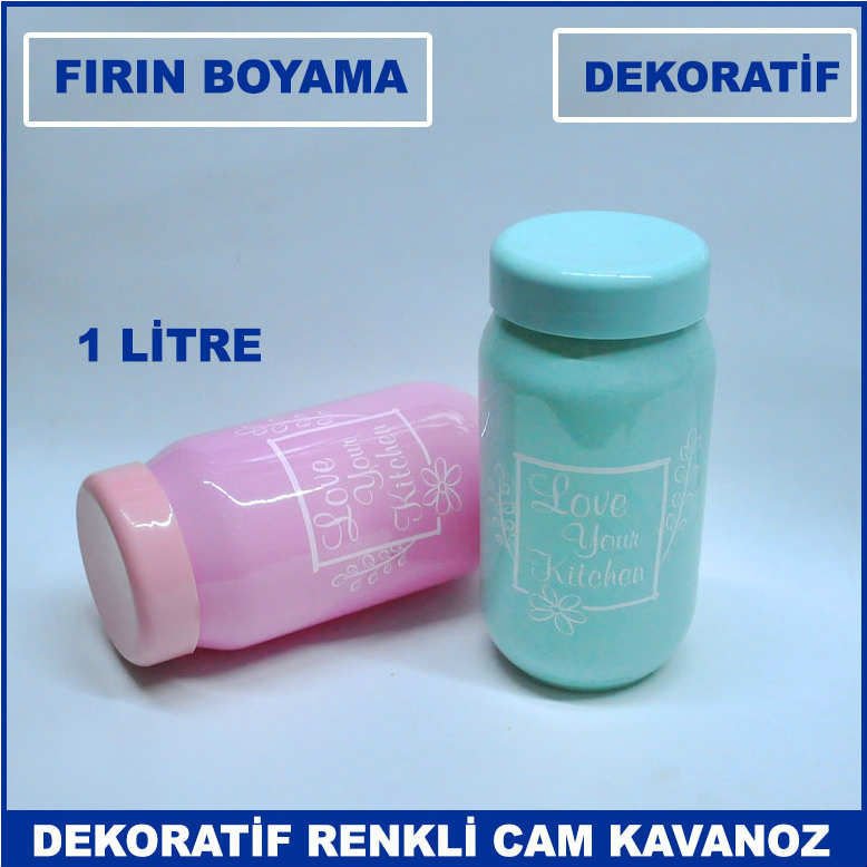 2'li Takım Dış Yüzeyi Fırın Boyama Dekoratif Baskılı 1 lt Cam Kavanoz - Saklama Kabı - Baharatlık