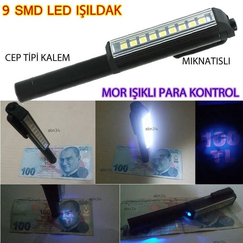 Kalem Tipi 9 Led Mıknatıslı Fener,Mor Işıklı Para Kontrol Feneri
