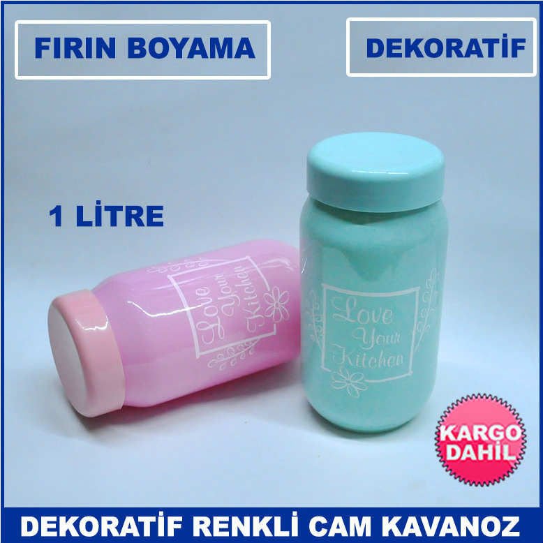 2'li Takım Dış Yüzeyi Fırın Boyama Dekoratif Baskılı 1 lt Cam Kavanoz - Saklama Kabı - Baharatlık