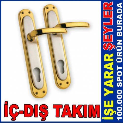 2li Set 1.Kalite Pirinç Yale Göbekli Tipi Dış Kapı Kolu Takımı Seti Altın Sarısı Bordürlü Saten