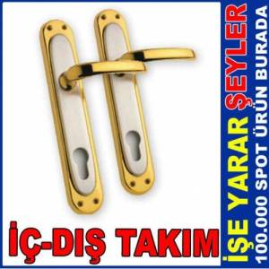 2li Set 1.Kalite Pirinç Yale Göbekli Tipi Dış Kapı Kolu Takımı Seti Altın Sarısı Bordürlü Saten