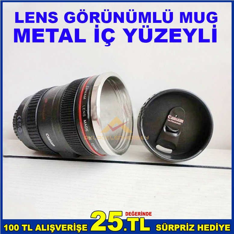 KAMERA LENS GÖRÜNÜMLÜ METAL İÇ YÜZEYLİ KAPAKLI MUG LENS 24-105 MM