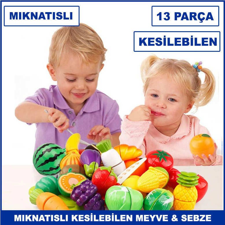 13 Parça Kesme Tahtalı ve Bıçaklı Kesilebilen Mıknatıslı Sebze ve Meyve Oyuncak Seti - Food Game