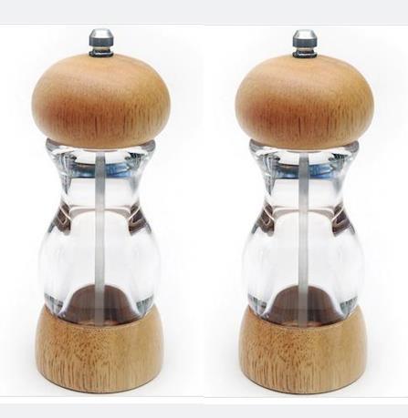 2 li Şeffaf Akrilik Gövdeli Ahşap Seramik Dişli Karabiber Tuz Değirmeni