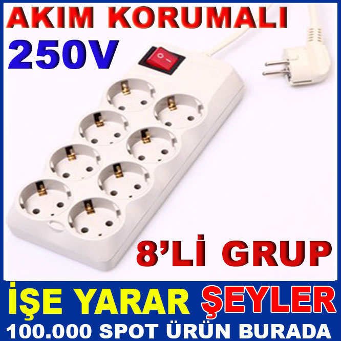 3 MT UZATMA KABLOSU AKIM KORUMALI 8'Lİ GRUP PRİZ