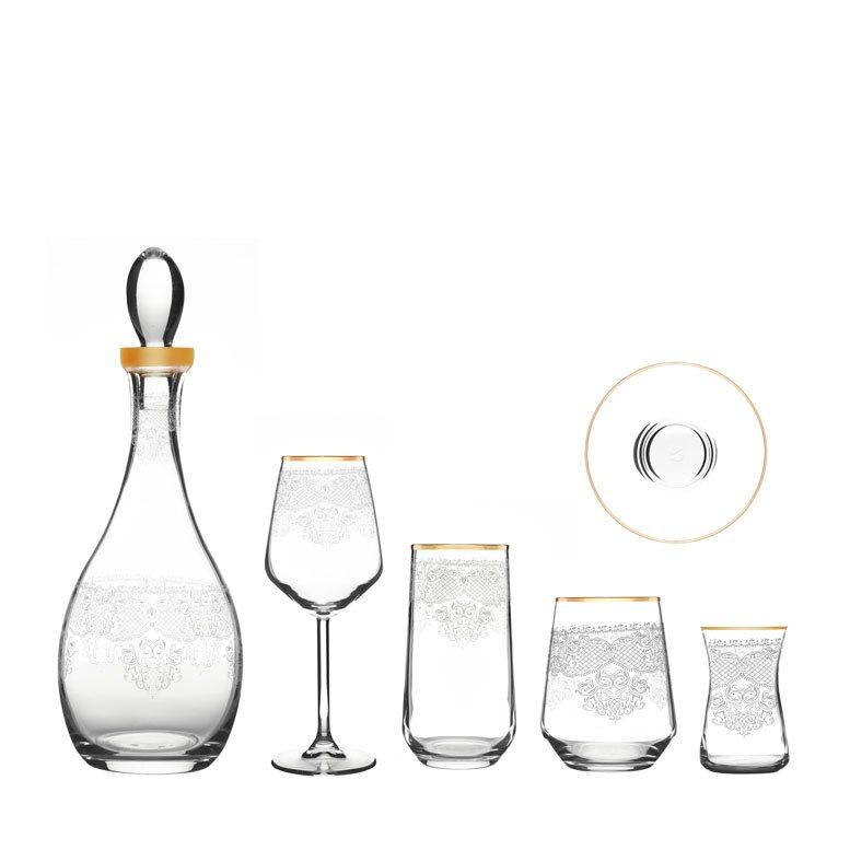 MCS 5303 Altın 31 Parça 6 Kişilik Dantel Desenli Cam Bardak Seti