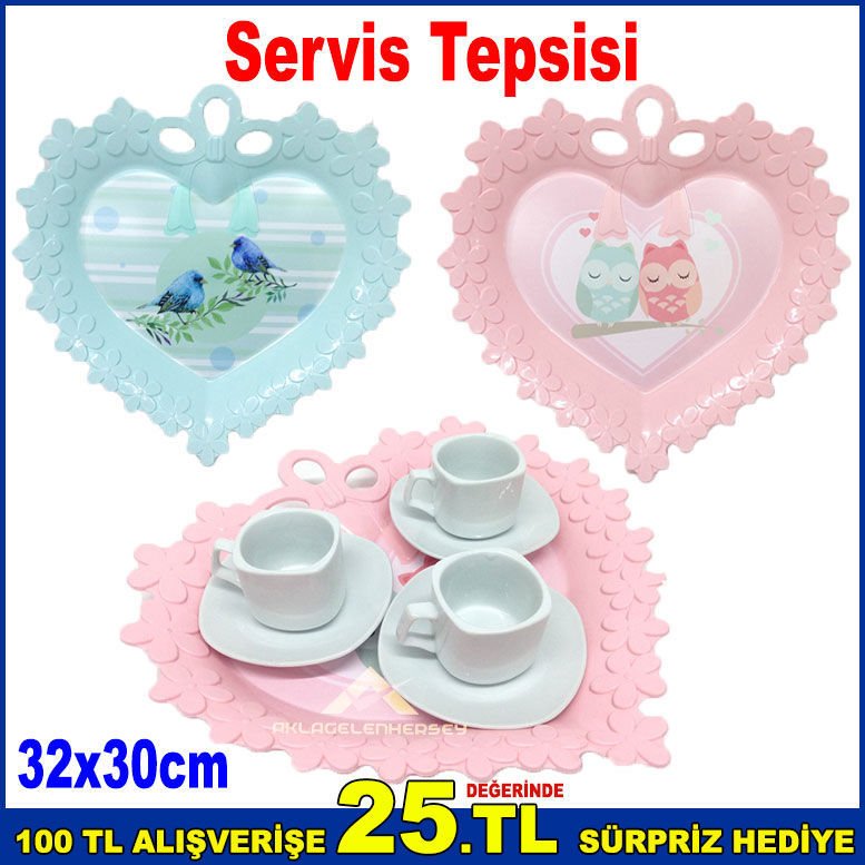 Çiçek ve Kalp Desenli Servis Tepsisi 32x30cm Duvara Asılabilir Şık Tasarım Plastik Sunum Tepsisi