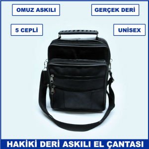 Gerçek Deriden Üretilmiş Omuz Askılı ve Kulplu 5 Cepli Büyük Boy Unisex Dikey El Çantası
