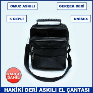Gerçek Deriden Üretilmiş Omuz Askılı ve Kulplu 5 Cepli Büyük Boy Unisex Dikey El Çantası