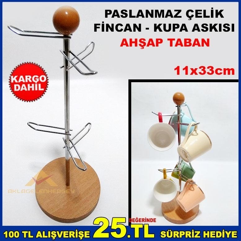 AHŞAP TABANLI PASLANMAZ ÇELİK FİNCAN-KUPA ASKISI