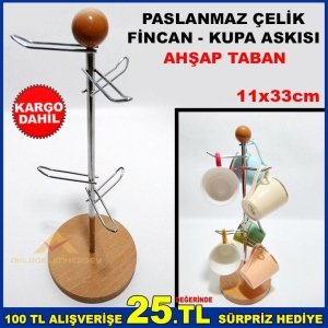 AHŞAP TABANLI PASLANMAZ ÇELİK FİNCAN-KUPA ASKISI