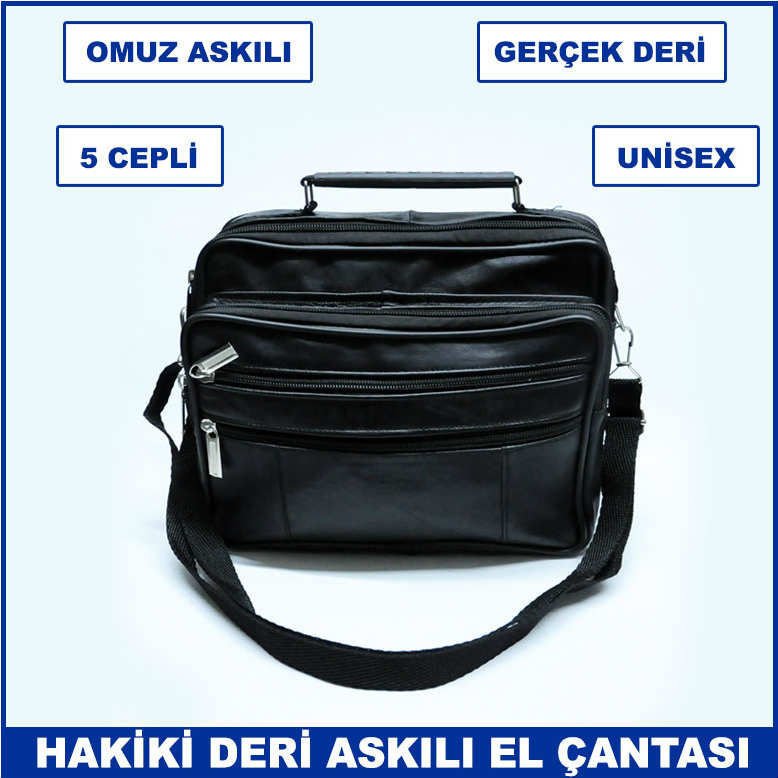 Gerçek Deriden Üretilmiş Omuz Askılı ve Kulplu 5 Cepli Büyük Boy Unisex Yatay El Çantası