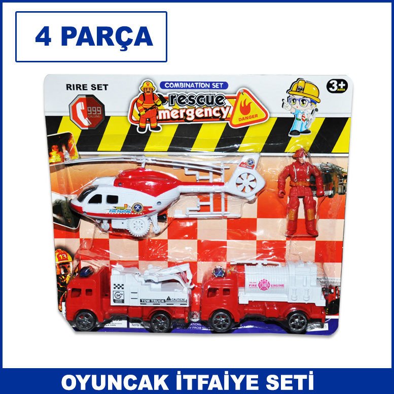 4 Parça Oyuncak Helikopterli İtfaiye Seti Kaliteli ve Dayanıklı İtfaiye Arabası