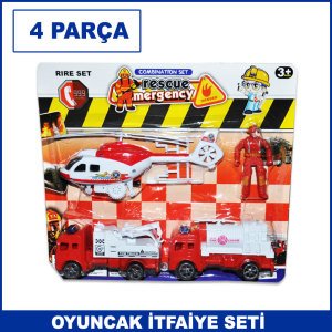 4 Parça Oyuncak Helikopterli İtfaiye Seti Kaliteli ve Dayanıklı İtfaiye Arabası