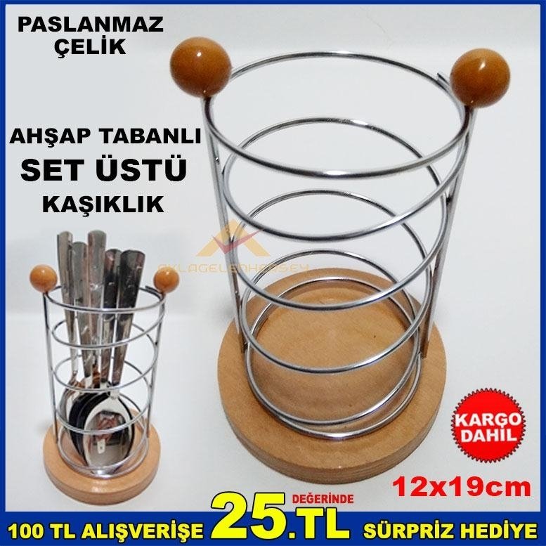 AHŞAP TABANLI PASLANMAZ ÇELİK SET ÜSTÜ KAŞIKLIK