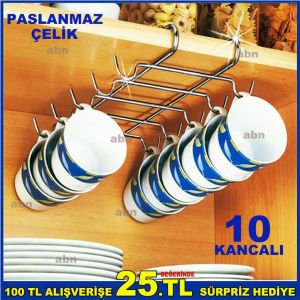 Dolap içi 10 Kancalı Fincan Askılığı Paslanmaz Çelik Kupa Askısı Yer Kaplamaz Tavan Askılama Sistemi