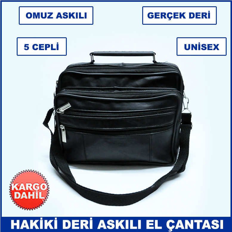Gerçek Deriden Üretilmiş Omuz Askılı ve Kulplu 5 Cepli Büyük Boy Unisex Yatay El Çantası