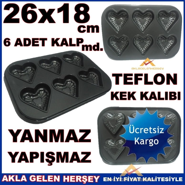 KARGO DAHİL 6 ADET KALP MODELLİ 26x18cm YEKPARE TEFLON KEK KALIBI