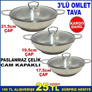 17.5cm-19.5cm-21.5cm ÇAPINDA CAM KAPAKLI 3LÜ OMLET TAVA