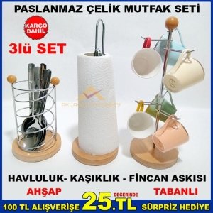3lüSet PASLANMAZ ÇELİK HAVLULUK-KAŞIKLIK-ASKILIK