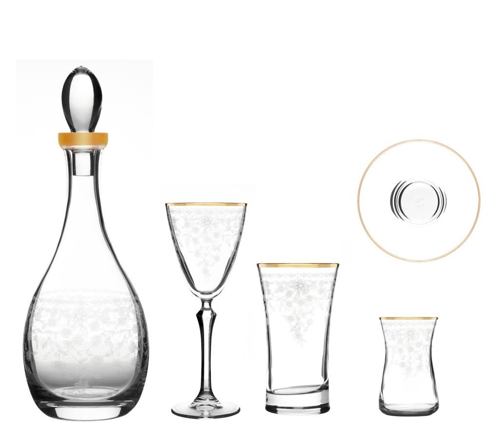 MSC5305 Altın 49 Parça 12'li Kır Çiçeği Desenli Cam Bardak Seti