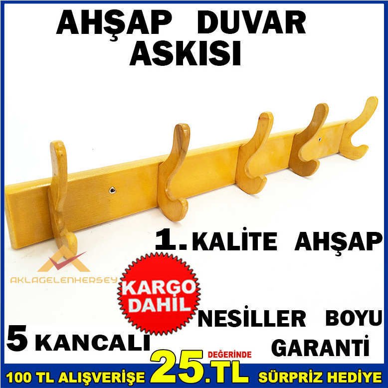 NOSTALJİK ASKI 5 KANCALI AHŞAP DUVAR ASKISI