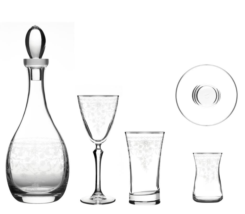 MSC5305 Platin 49 Parça 12'li Kır Çiçeği Desenli Cam Bardak Seti