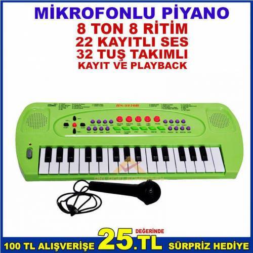 32 TUŞLU, MİKROFONLU, KAYIT VE PLAYBACK, 8 RİTİM, 8 TONLU PİYANO