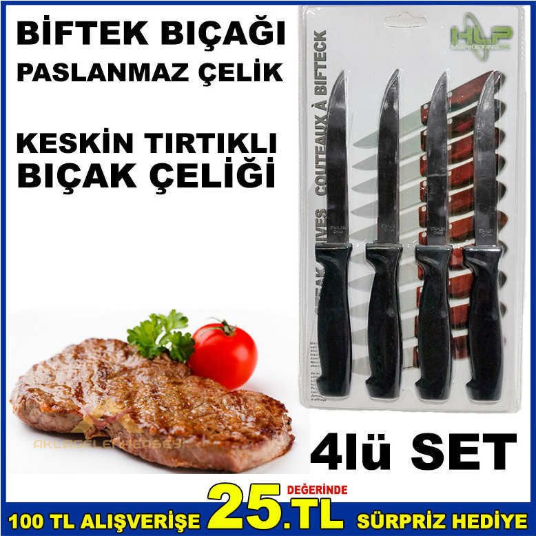 4lü SET PASLANMAZ ÇELİK KESKİN TIRTIKLI BİFTEK STEAK BIÇAĞI