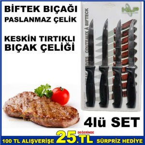 4lü SET PASLANMAZ ÇELİK KESKİN TIRTIKLI BİFTEK STEAK BIÇAĞI