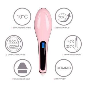 Elektrikli Saç Düzleştirici Fırça Lcd Ekran Islak Kuru Kullanım Seramik Uçlu