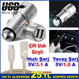 5V/3.1A-1.0A Metal Araç İçi Çakmaklık Girişli Şarj Aleti Çift USB Girişli Hızlı ve Yavaş