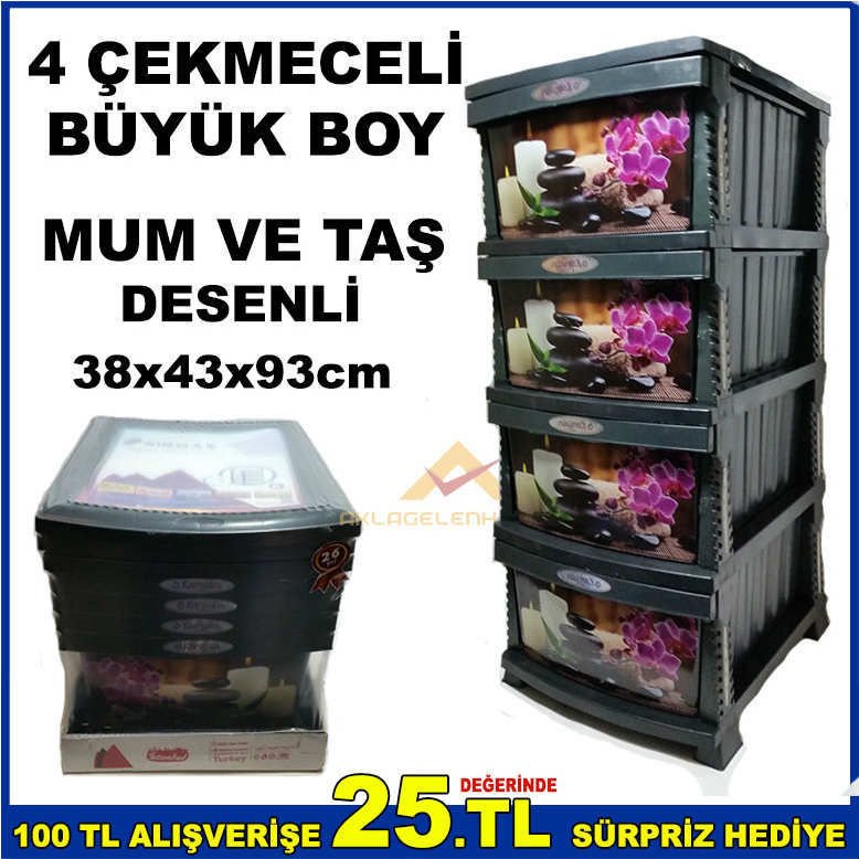 BÜYÜK BOY 4 ÇEKMECELİ MUM ve TAŞ DESENLİ ÇOK AMAÇLI KOMİDİN